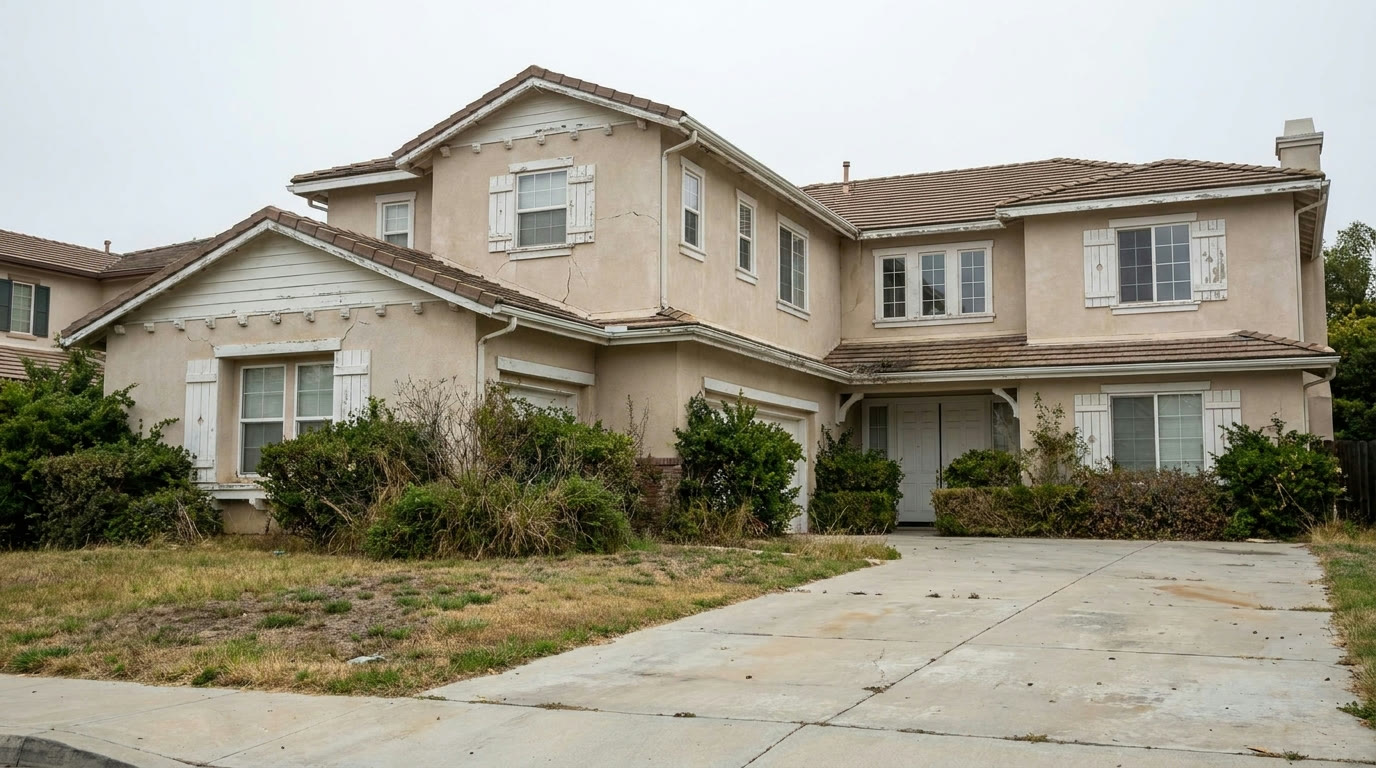 Exterior estate home before repaint, faded and worn siding