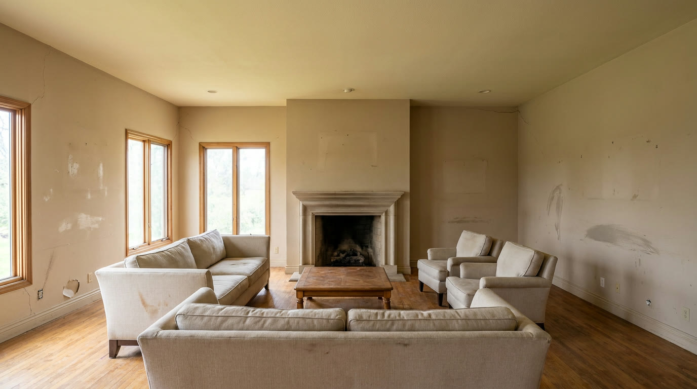 Living room with scuffed faded walls before repaint