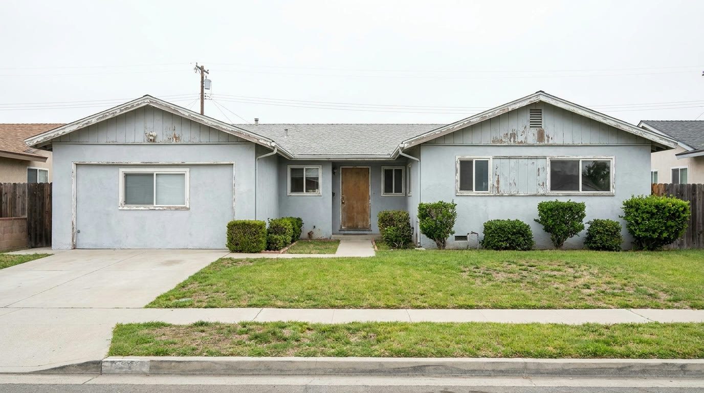 Single story ranch home with faded peeling paint before repaint